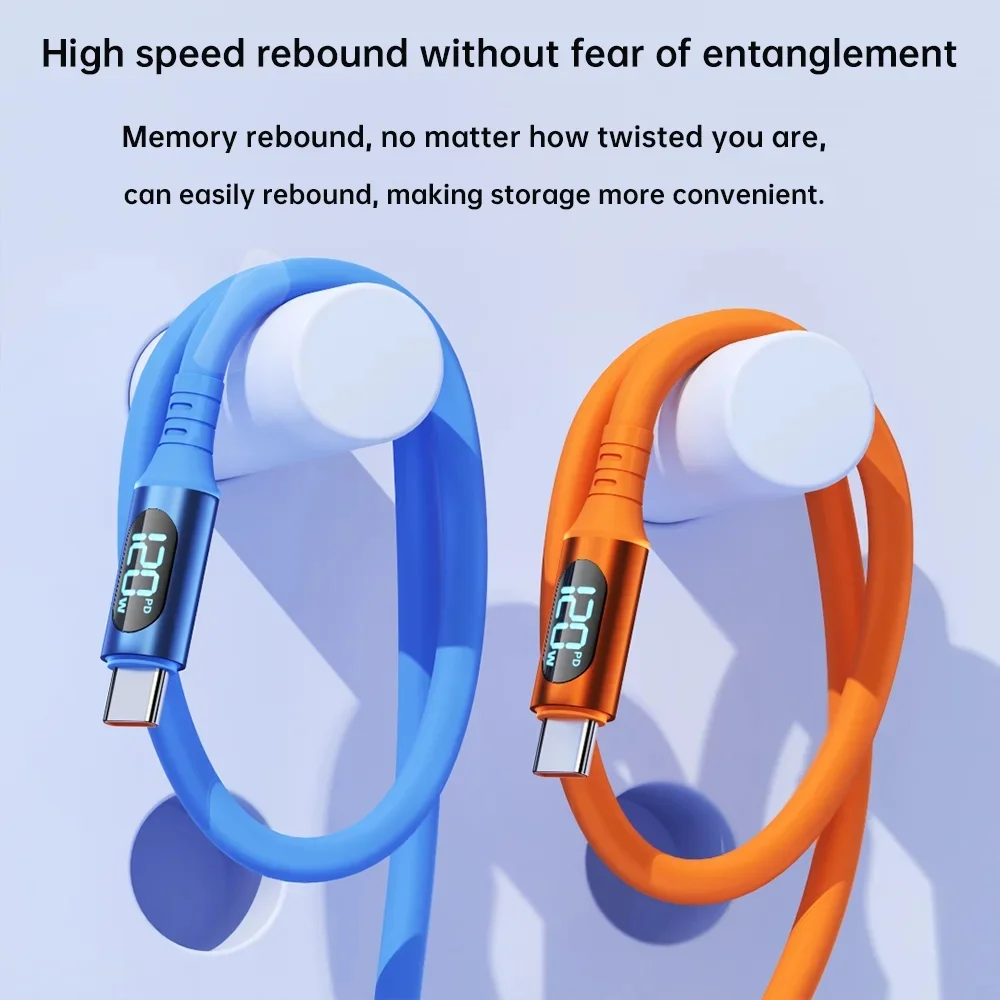 120W 6A USB C To Type C Fast Charging USB To Type C LED Digital Display Data Cable For iPhone Samsung Huawei Xiaomi Charge Cords