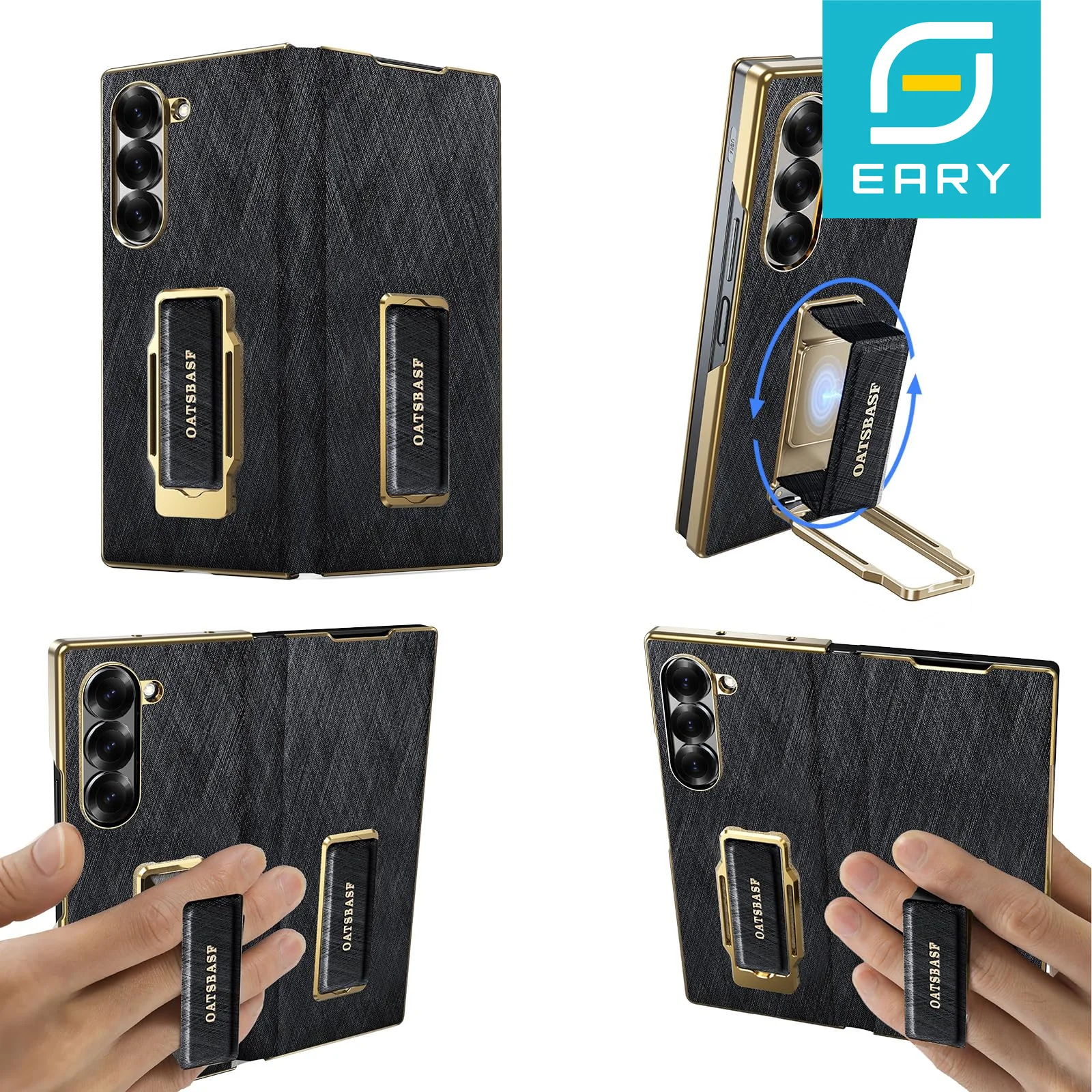 Eary for Samsung Galaxy Z Fold 7 Phone Case With 360°Rotatable Stand Dual Strap Bumper Leather Case Shockproof Protective Cover