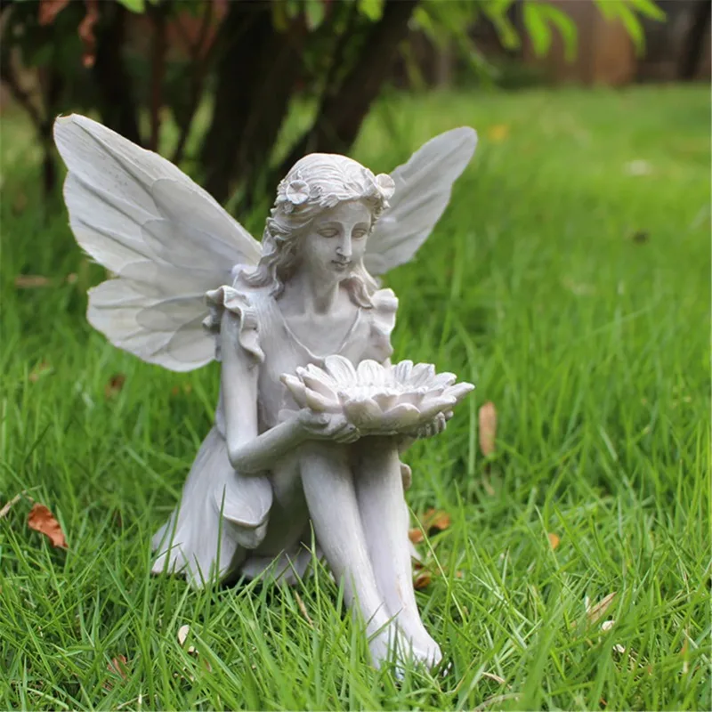 

Luminous Wing Girl Bird Feeder Sitting Fairy Statue Ornament Outdoor Angel Sculpture Garden Resin Decoration Statue of An Angel