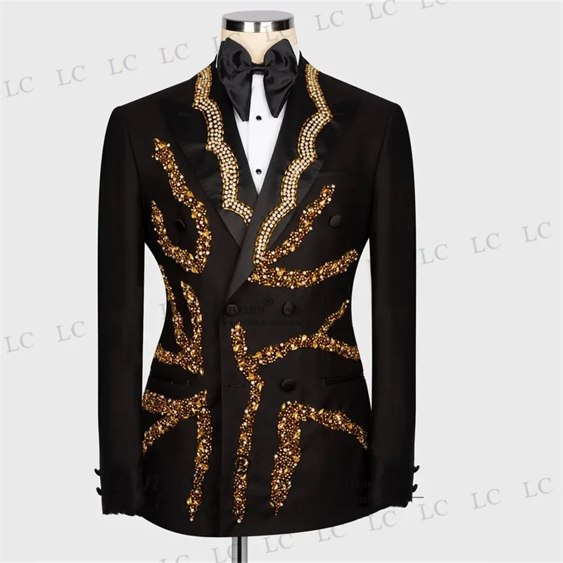 Luxury Gold Diamonds Beads Men Suits 2 Pieces Blazer Pants Satin LapelProm Formal Tuxedos Wedding Party Groom Plus Size Tailored