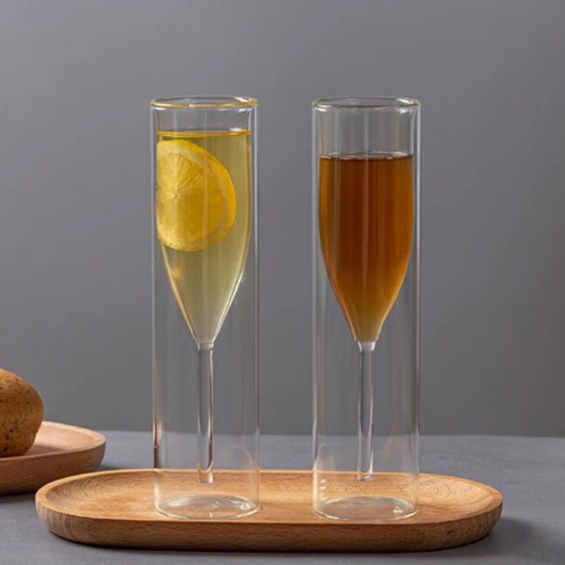 Double Wall Champagne Glasses - Elegant Crystal-Design Tulip & Flute Cups for Weddings, Cocktails & Toast, Shatter-Resistant