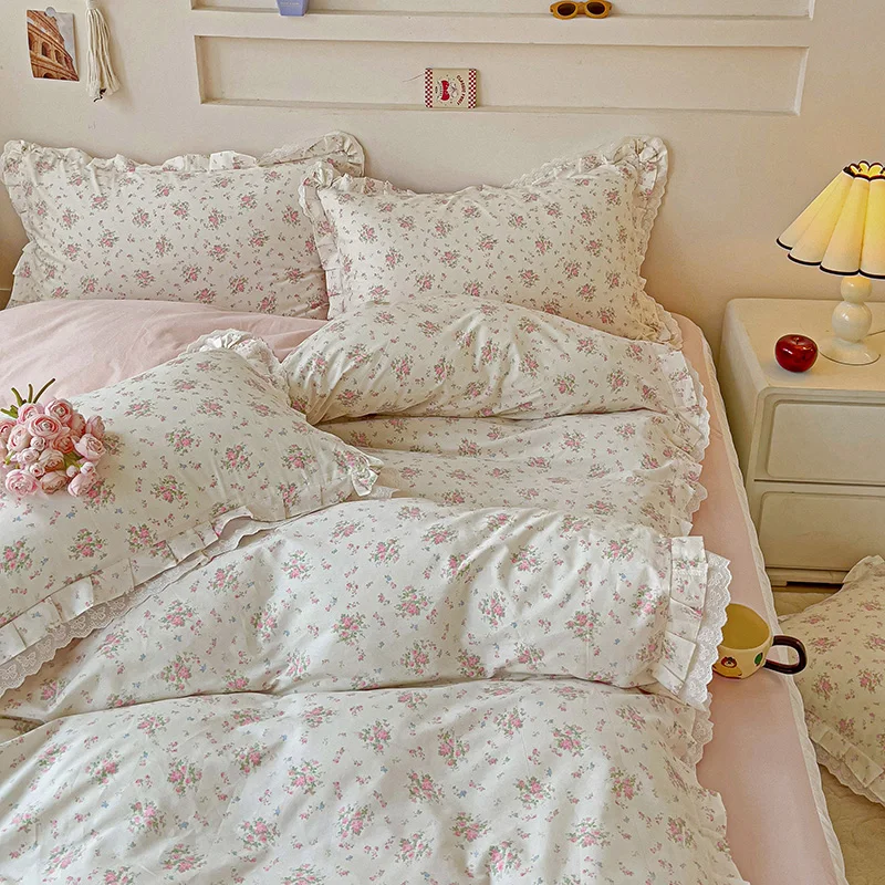 3/4Pcs Pastoral Floral Lace Ruffles 100% Cotton Bedding Set Single Queen Duvet Cover Bed Skirt/Bed Sheet/Fitted Sheet Pillowcase 4