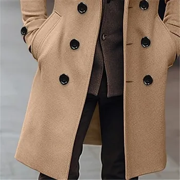 Autumn Winter Men's Woolen Coats Business Casual Fashion Double Breasted Long Woolen Trench Male England Style Wool Blends Coat 6