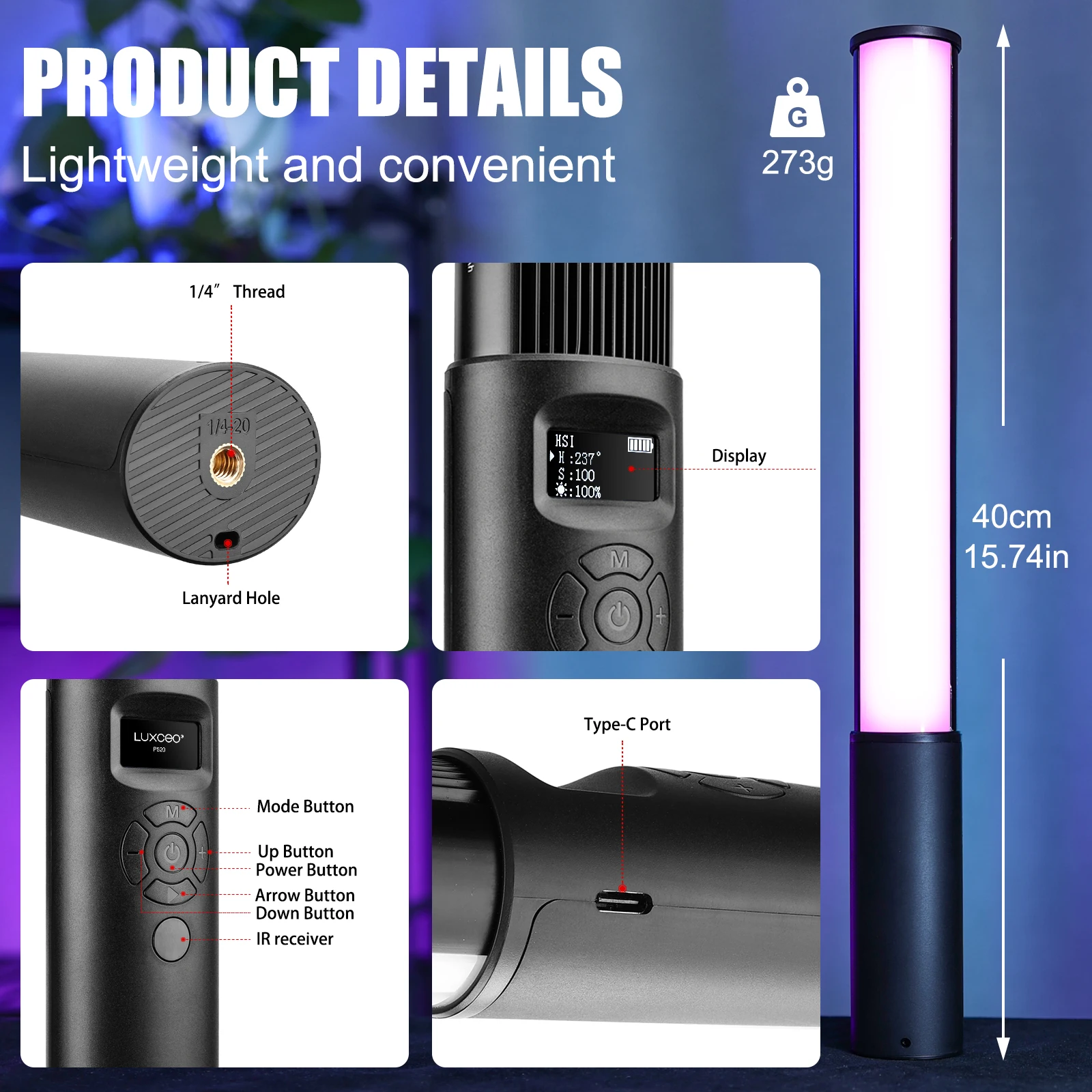 LUXCEO P400 RGB LED Light Wand – Handheld Colorful Photography & Video Lamp, CRI 95+, Adjustable 2500K-6500K