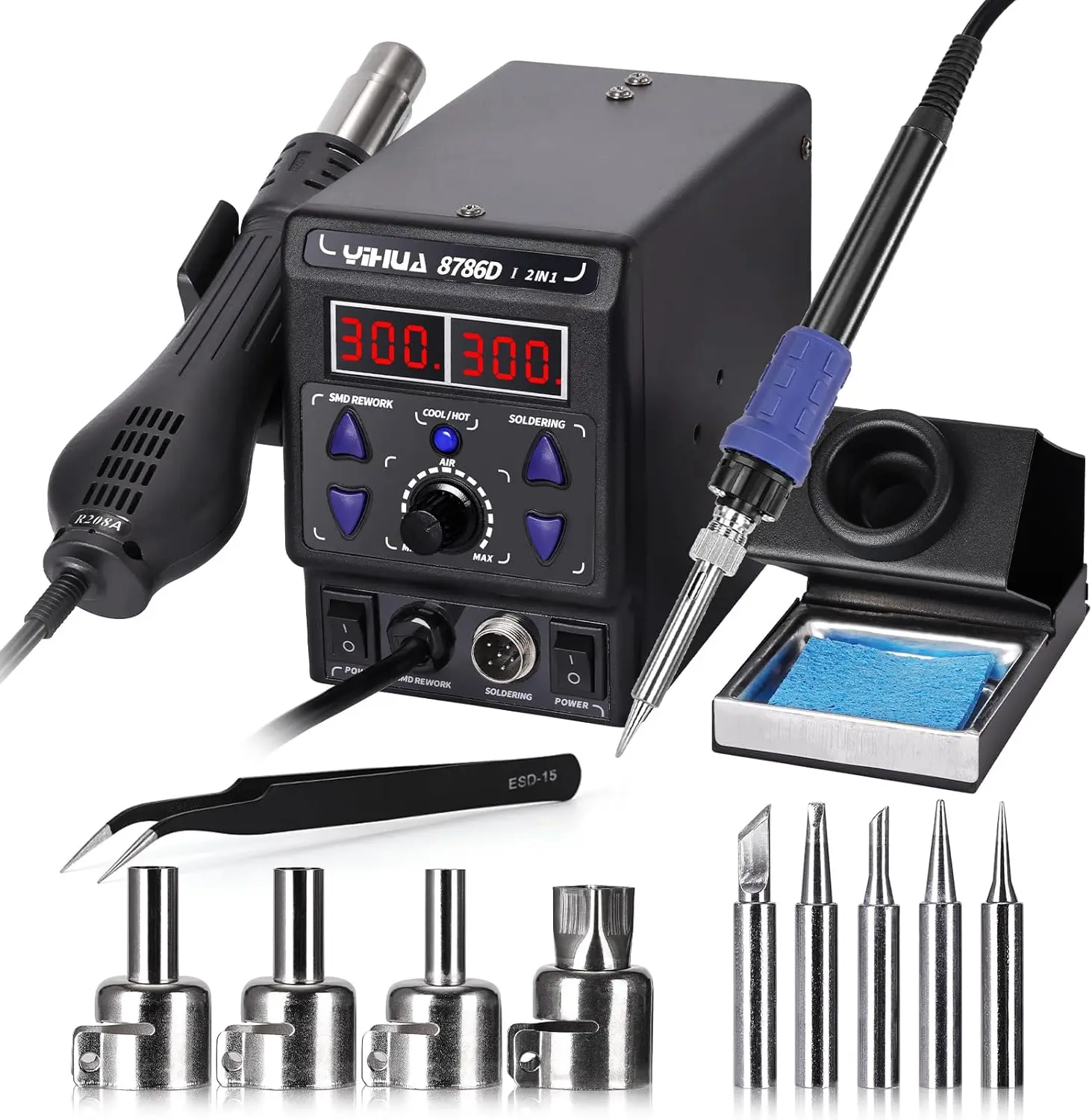 Yofuly 750W Hot Air Soldering Station, 2 in 1 Rework Station Soldering Iron Set 8786D SMD Desoldering Station & Statio