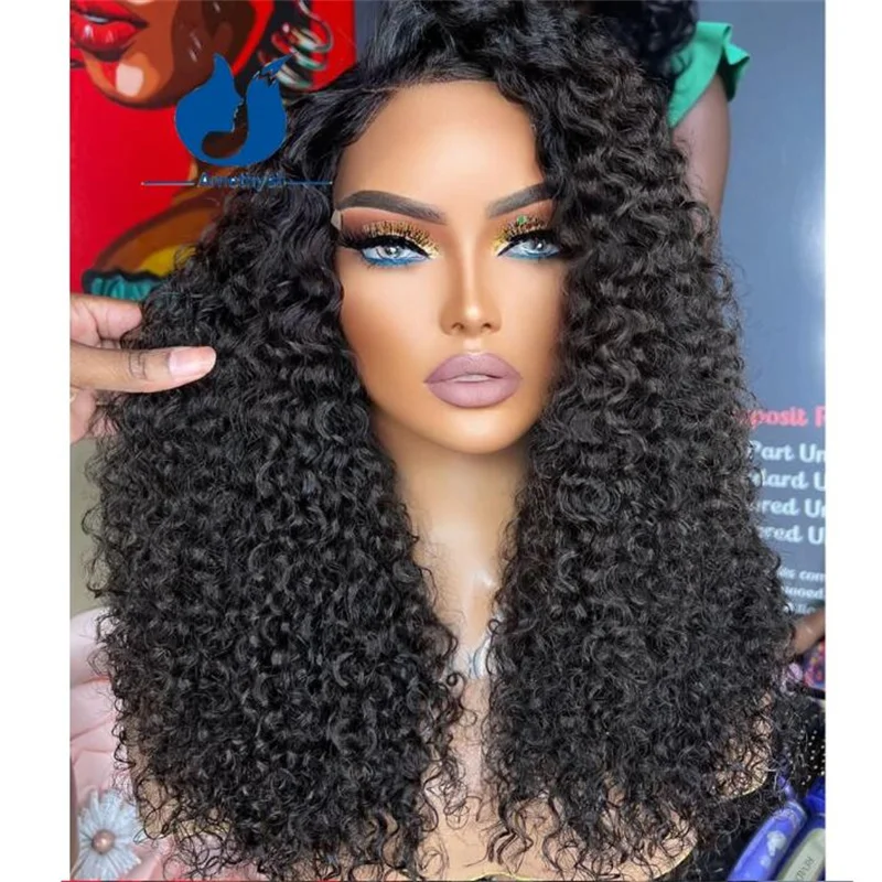 

Natural Black Soft 26Inch Long Kinky Curly Glueless 180% Density Deep Lace Frontal Wig For Black Women Babyhair Preplucked Daily