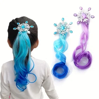 Children's Colorful Wig Hair Clips - Snow Queen - themed Gradient Long Curly Hair Girls' Braided Colorful Rope Headpiece 1