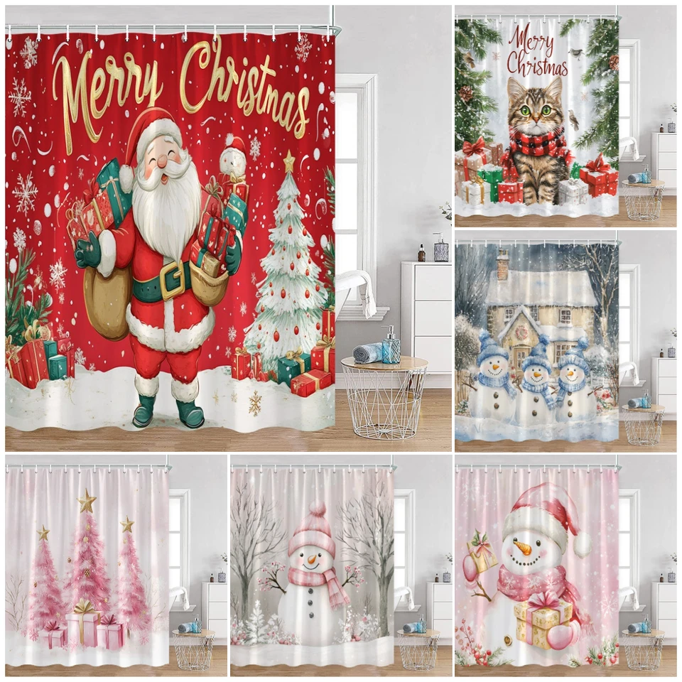 AOKE Christmas Shower Curtain – Festive Santa & Red Truck Design, 72x72 Inches, Waterproof With 12 Hooks – Perfect Holiday Bathroom Decor