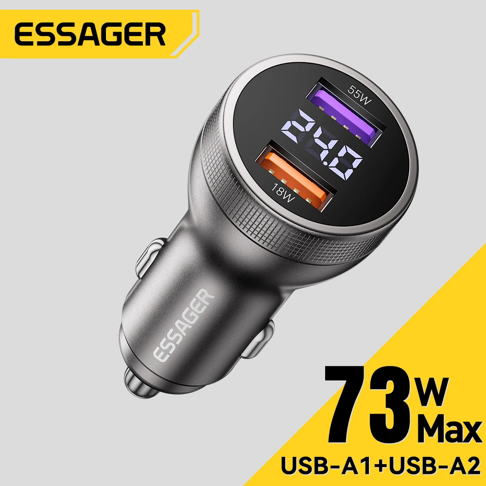 Essager 73W Dual USB Ports Car Charger Super Fast Charging Adapter For Xiaomi Huawei Samsung Oneplus iPhone 16 Phone Car Charger