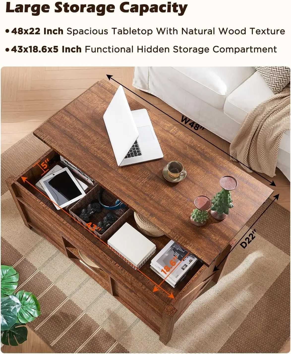 48" Farmhouse Lift Top Coffee Table with Sliding Barn Door,Rustic Center Table with Hidden Storage Compartment 4