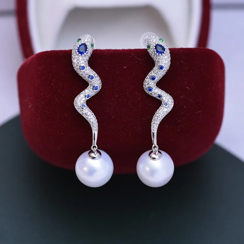

ED147 Lefei Fashion Luxury 11-12mm Strong Luster Few Flaw Freshwater Pearl Diamondset Snake Earring For Women 925 Silver Jewelry
