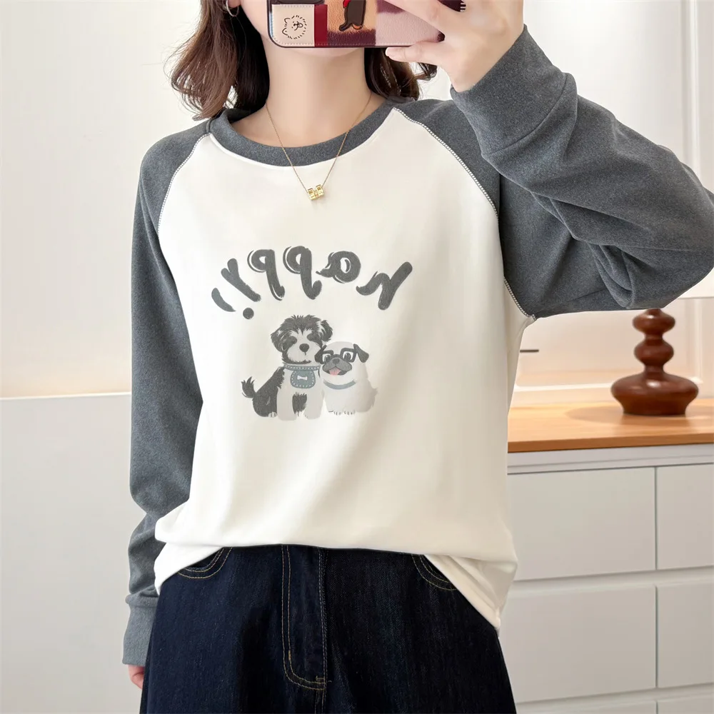 XXXXL Fashion Plus Size Women's T-Shirt Autumn Winter Style De Velvet Warm color-blocking Printed Cartoon Thickened Inner Top