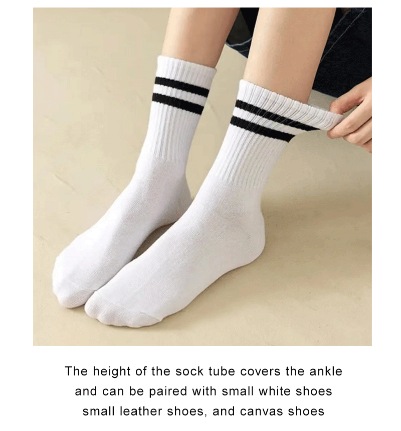 5 Pairs Women's Mid Length Socks Solid Color Parallel Stripe Simple Fashionable Sports Sweat-Absorbing High-Quality Girls' Socks