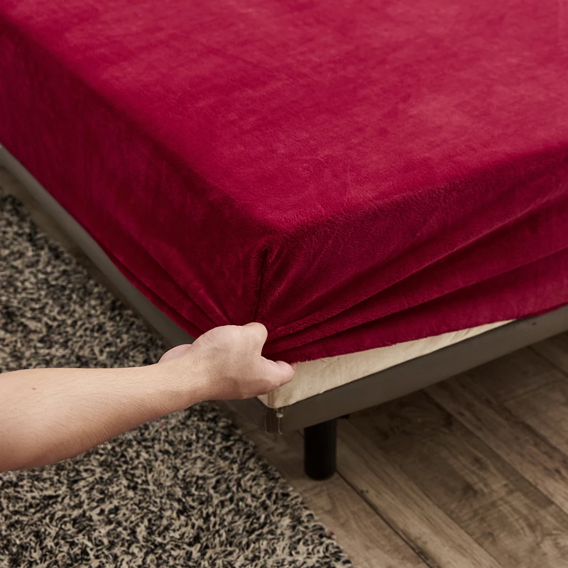 WOSTAR Warm winter plush fitted sheet elastic mattress cover fluffy coral fleece bed linen luxury double bed velvet protector 4