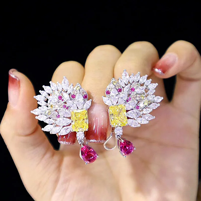 

ZOCA Design Colorful Feather Zircon Earrings 925 Sterling Silver Zircon Set Women's Boutique Jewelry Gift Party