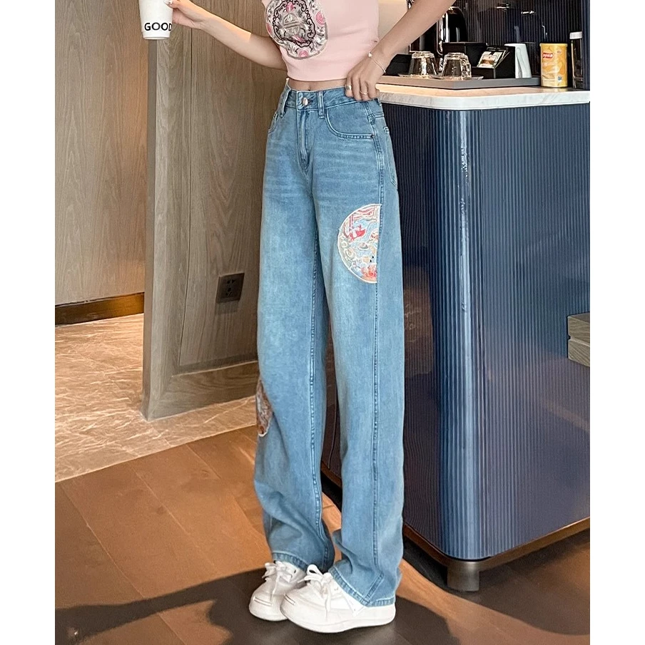 New Chinese national style embroidery wide-legged jeans female new high-waisted loose thin narrow version of straight pants tide