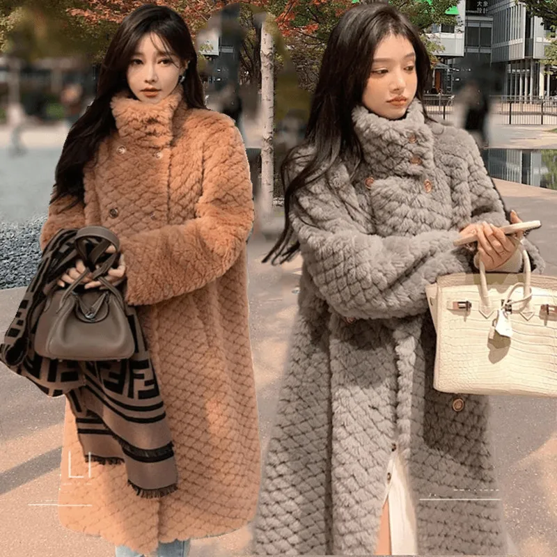 Women Fur Long Coat 2024 Winter Style Stand Collar Lamb Faux Outwear Loose Thick Luxury Design Overcoat Korean Oversized Jacket