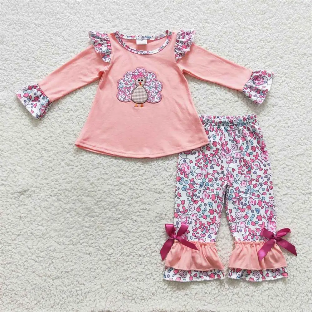 

Wholesale Kids Toddler Thanksgiving Outfit Embroidery turkey Floral Pink Tunic Baby Girl Ruffle Flower Pants Infant Children Set