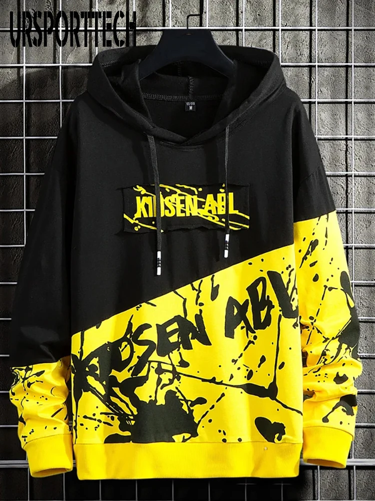 

High Street Hoodie Men 2022 New Patchwork Hoodies Mens Hip Hop Hooded Pullover Sweatshirt Streetwear Fashion Tops for Young Men