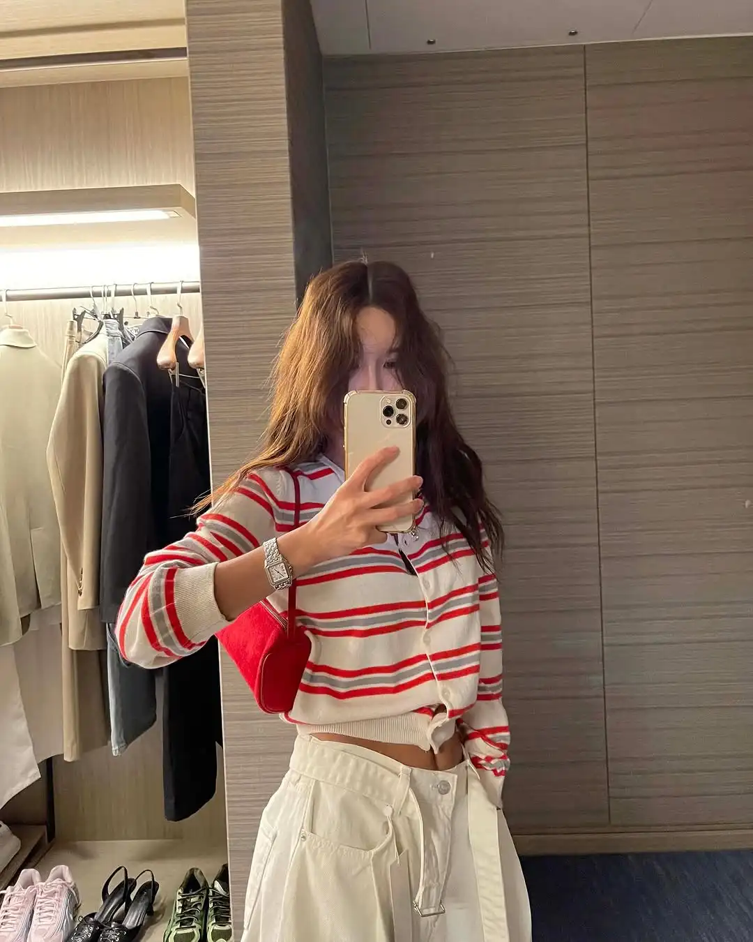 Women’s Striped Button-Up Knit Cardigan with Polo Collar