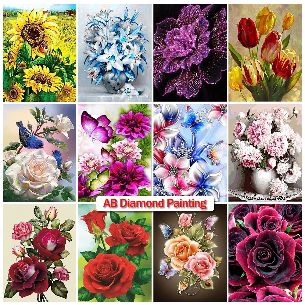 AB Diamond Painting Flowers Full Square Round Diamond Embroidery Sunflower  Mosaic Cross Stitch Kits Home Decor Handmade Gift