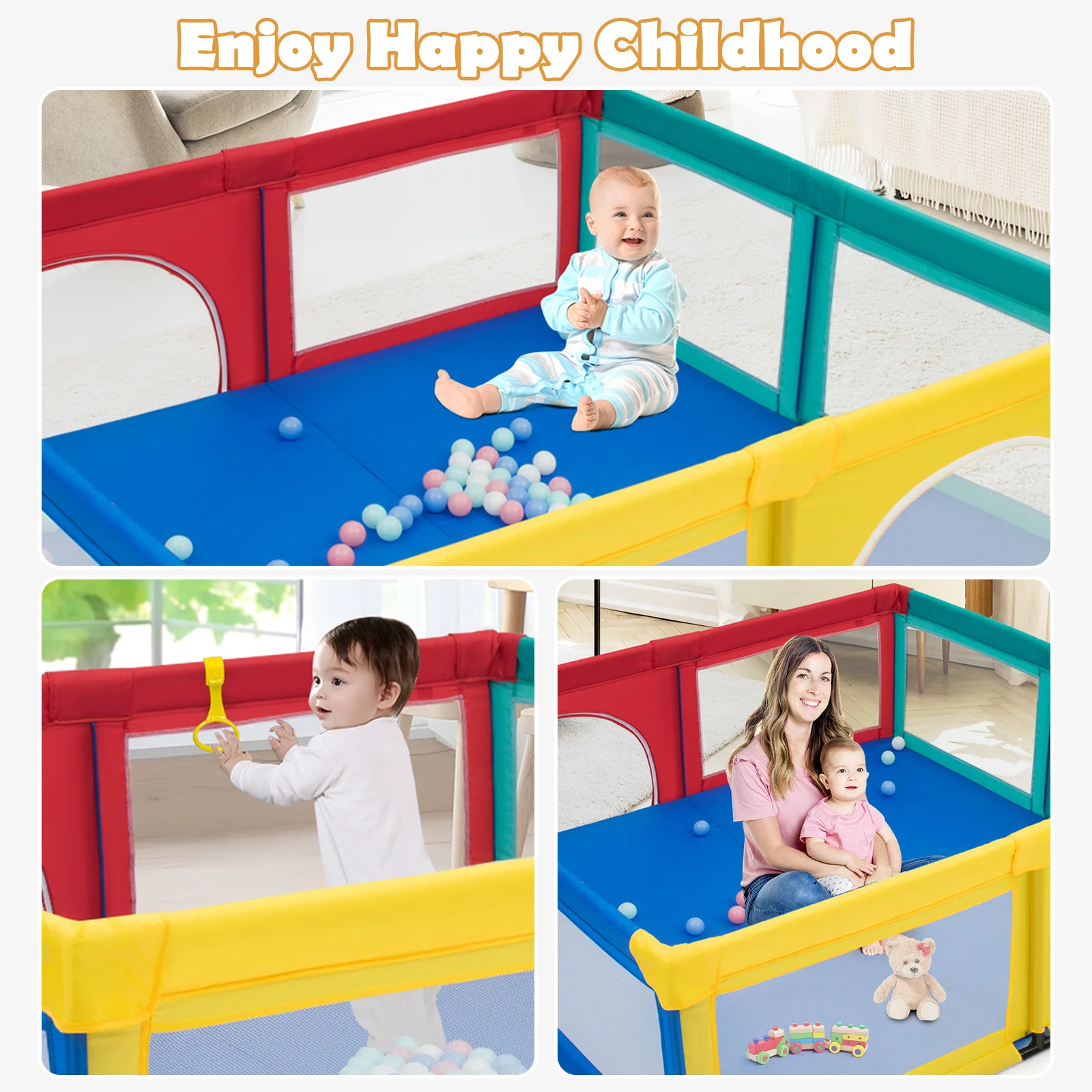 Extra Large Baby Playpen Safety Baby Play Yard w/50 Ocean Balls & 4 Handles 4