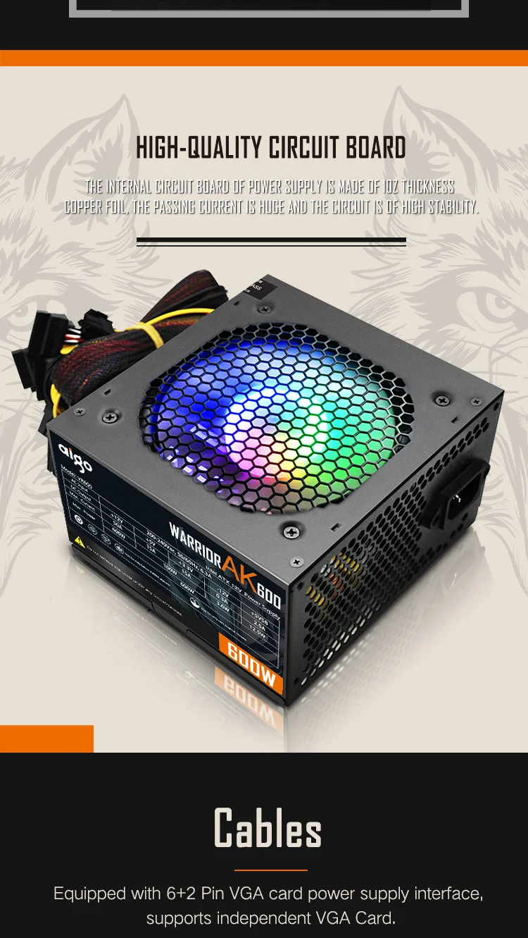 Aigo AK PC PSU Power Supply Unit 500W 600W 700W 800W 1000W Gaming 120mm RGB Fan 220V ATX Desktop computer Power Supply for BTC 17 S8ecd48e0dec94d6fb823684325514e59O