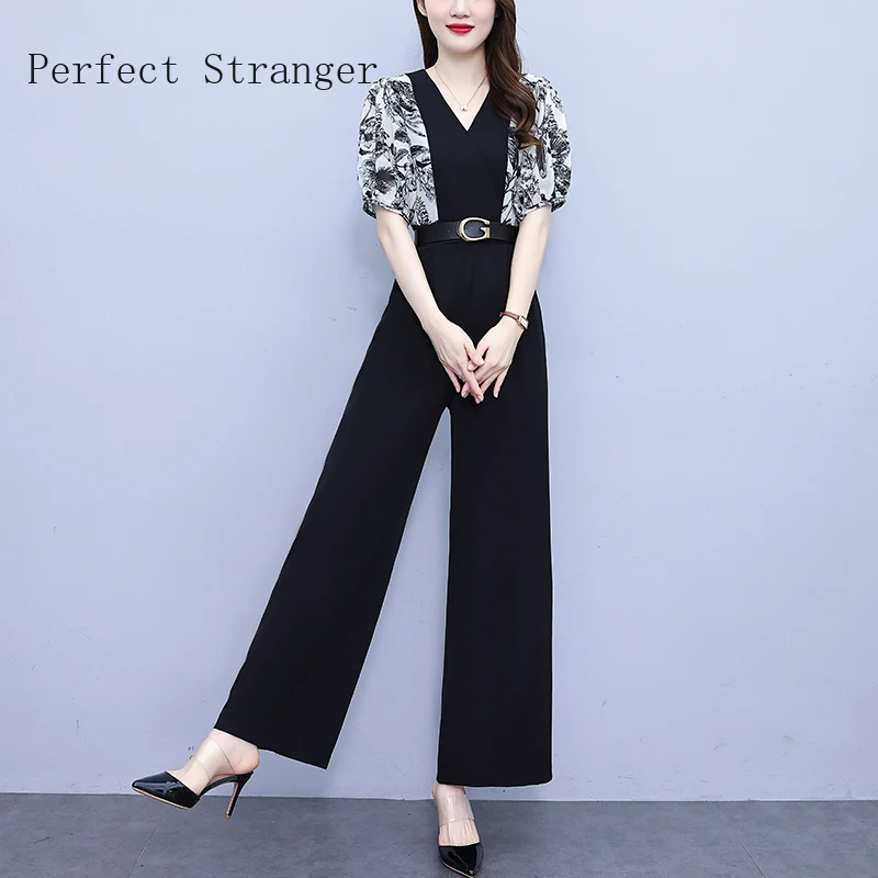 

Женские летние комбинезоны, элегантные Лоскутные Повседневные женские комбинезоны с V-образным вырезом, широкими штанинами и ремнем, с карманами, большие размеры