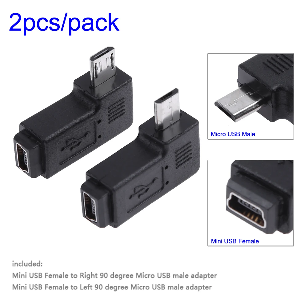 2개 미니 USB-마이크로 USB 어댑터 플러그 좌우 90도 각도 미니 USB-마이크로 USB 엘보 컨버터 데이터 전송용