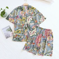 New Summer Ladies 100% Viscose Pajamas Short Sleeve Shorts Two Piece Floral V-Neck Thin Loose Women's Homewear Set sleepwear