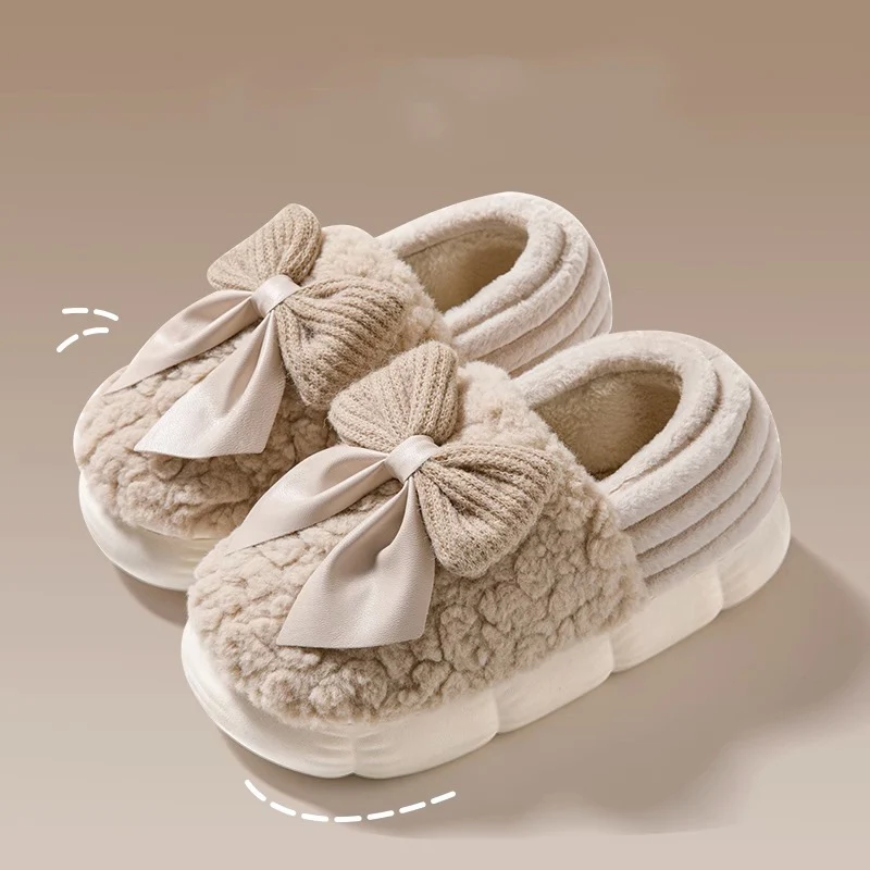 Bowknot Detor Home Cotton Slippers Women Indoor Comfortable Bag Heel Warm Plush Cotton Shoes Woman Thick Sole Living Room Shoes