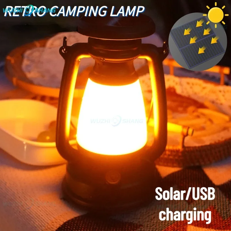 Retro Portable Camping Light with Built-in Battery USB Rechargeable Solar Charging Lanterns Hanging Tent Light Stepless Dimming
