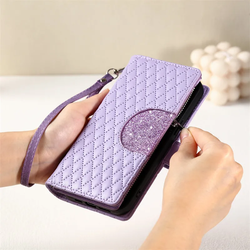 Premium Flip Leather Phone Case with Long Lanyard and Zipper Wallet Card Holder