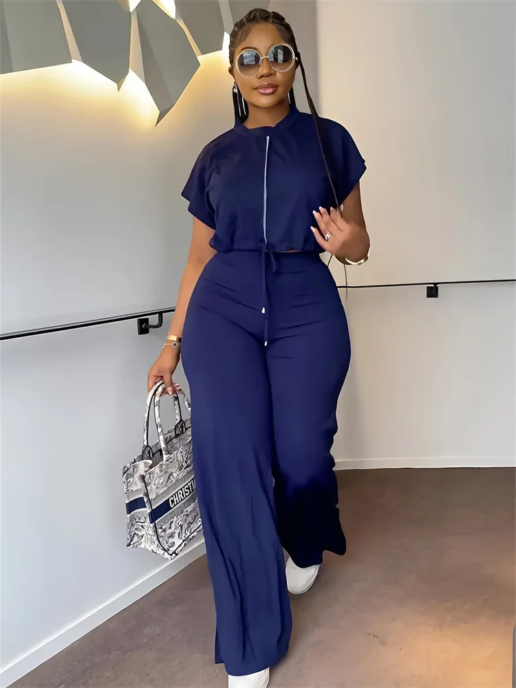 Wmstar Women Two Piece Set Casual Solid Color Short Sleeve Drawstring Zipper Jacket + Streetwear Straight Pants Matching Outfits