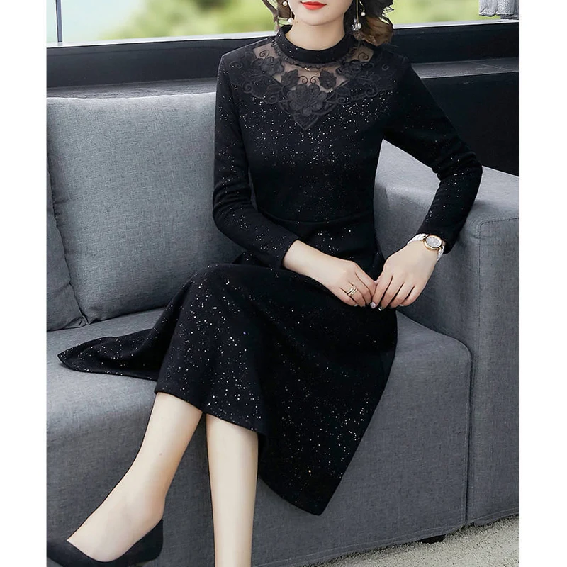 

Lace Patchwork Ladies Dresses Spring Autumn New Long Sleeve O-Neck Slim Black Temperament Dress Elegant Vintage Women Clothing