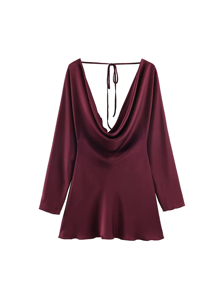 Women's Elegant Satin Party Dress High Street Long Sleeve Mini Dress Spring Fall Fashion Ladies Swinging Collar Solid Dresses