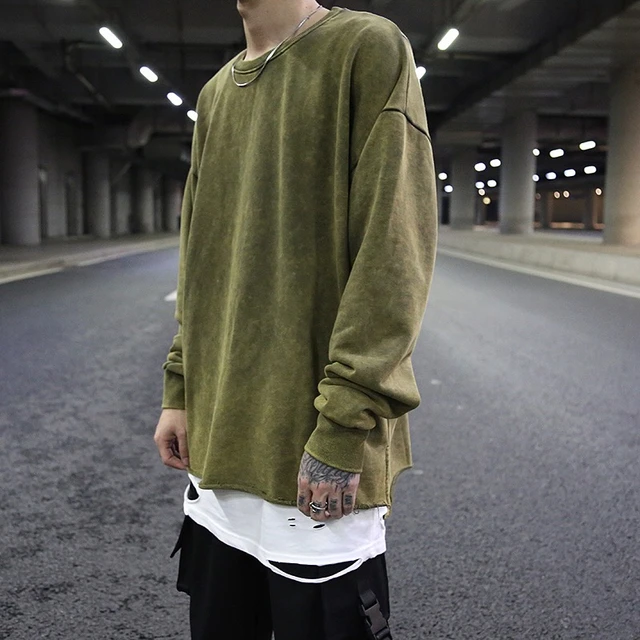 Men's Oversized Vintage Washed Round Neck Sweatshirt High Street Distressed  Thin Section Pullovers Pure Cotton Casual Hoodies - AliExpress
