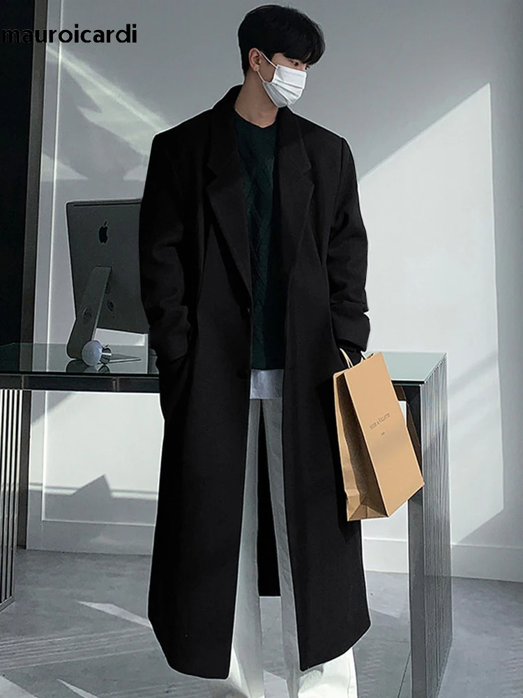 Mauroicardi Autumn Winter Long Thick Warm Soft Fitted Woolen Coat Men Single Breasted Cool Luxury Chic Wool Blends Overcoat 2024 3