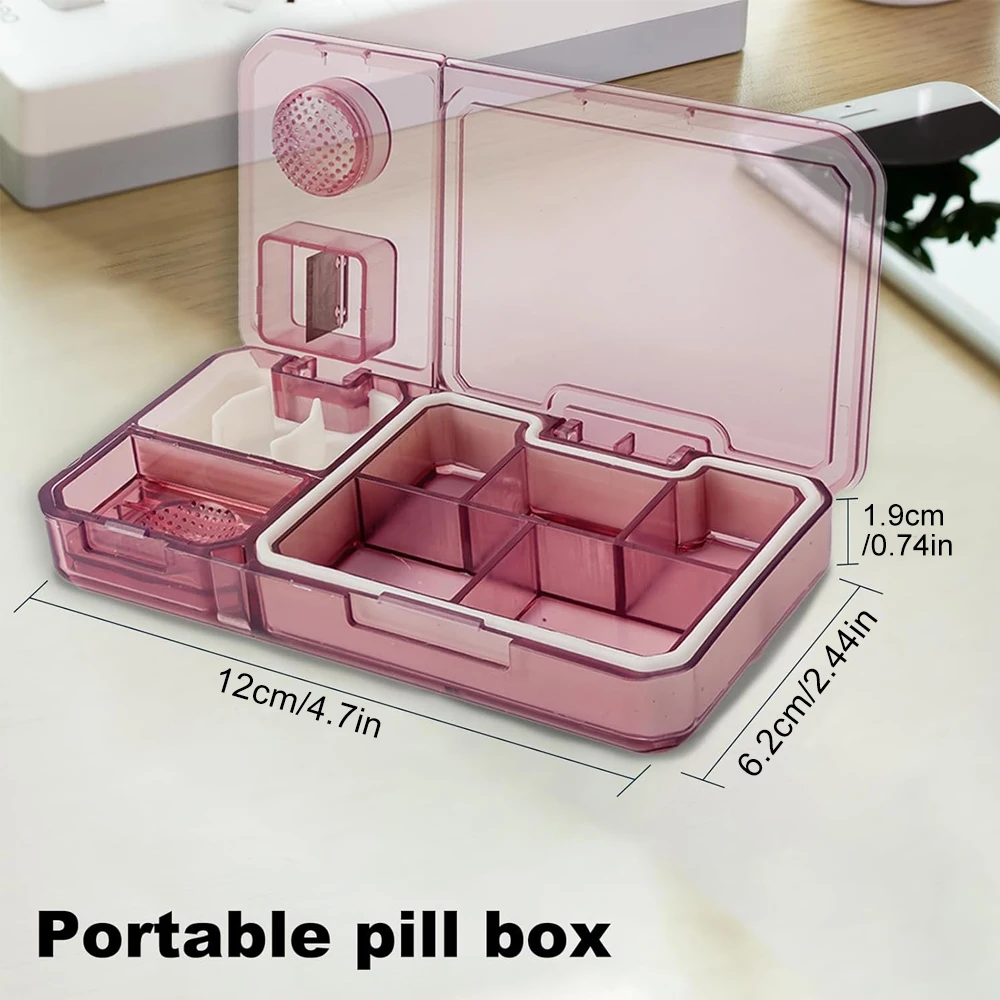 Compact Pill Organizer with Cutter and Crusher - Travel-Friendly Medicine Holder for Vitamins and Supplements