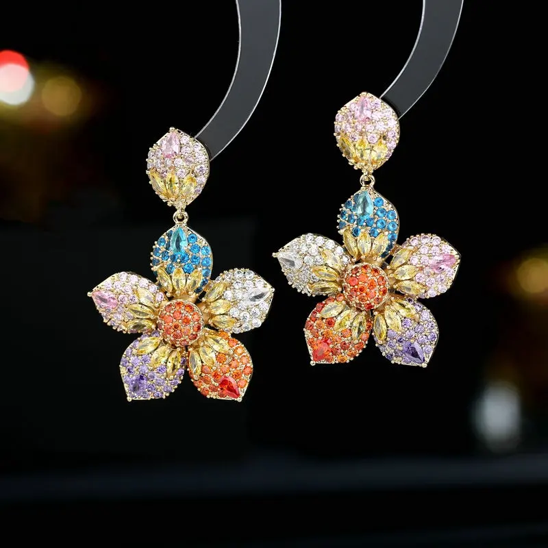 

2023 New Trendy Luxury Multilayer Cubic Zirconia Flower Dangle Drop Earrings for Women Party Bride Wedding Prom Jewelry Gift