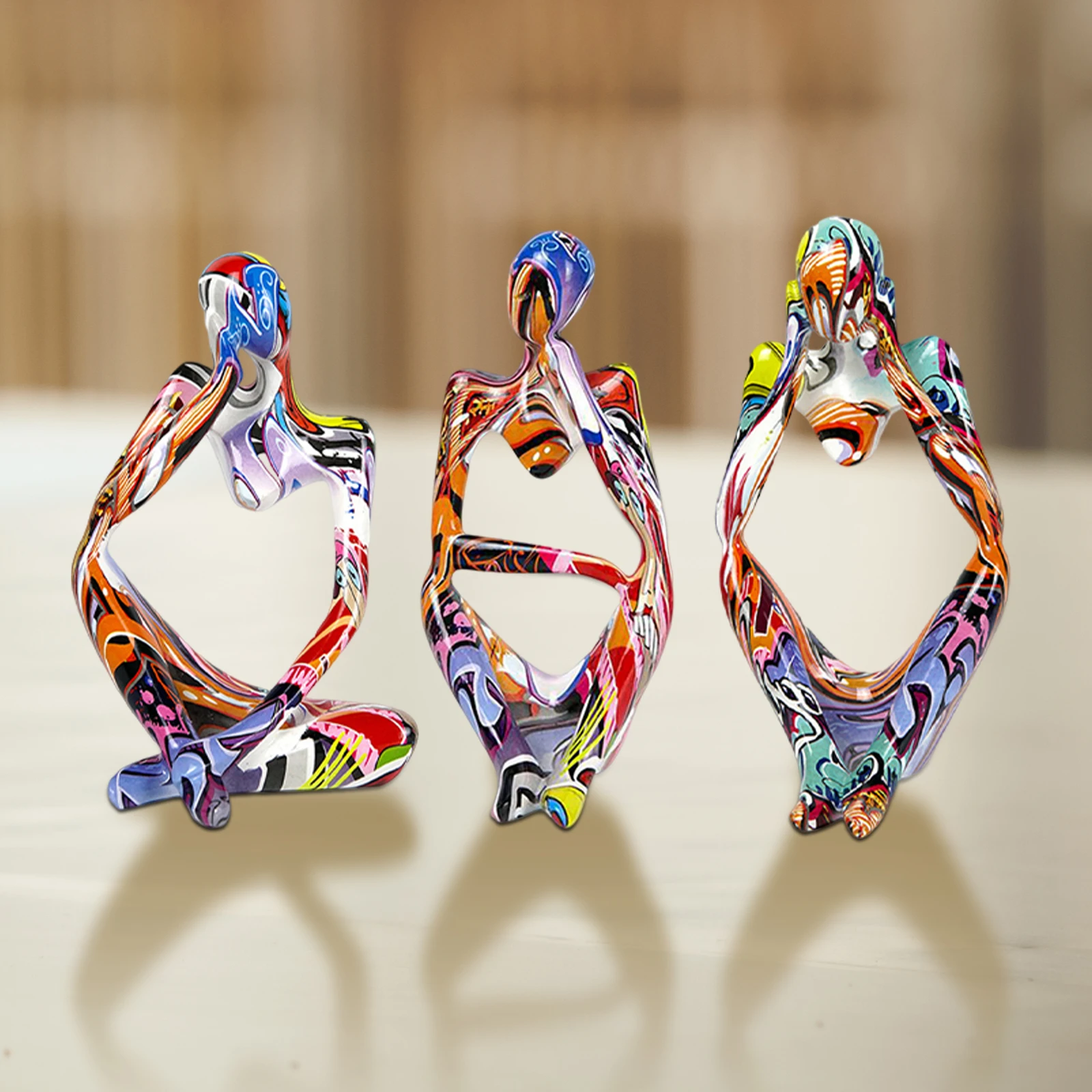 3pcs Abstract Thinker Figure Statues Graffiti Abstract Modern Thinker Sculpture Ornaments Mini Handicraft for Living Room