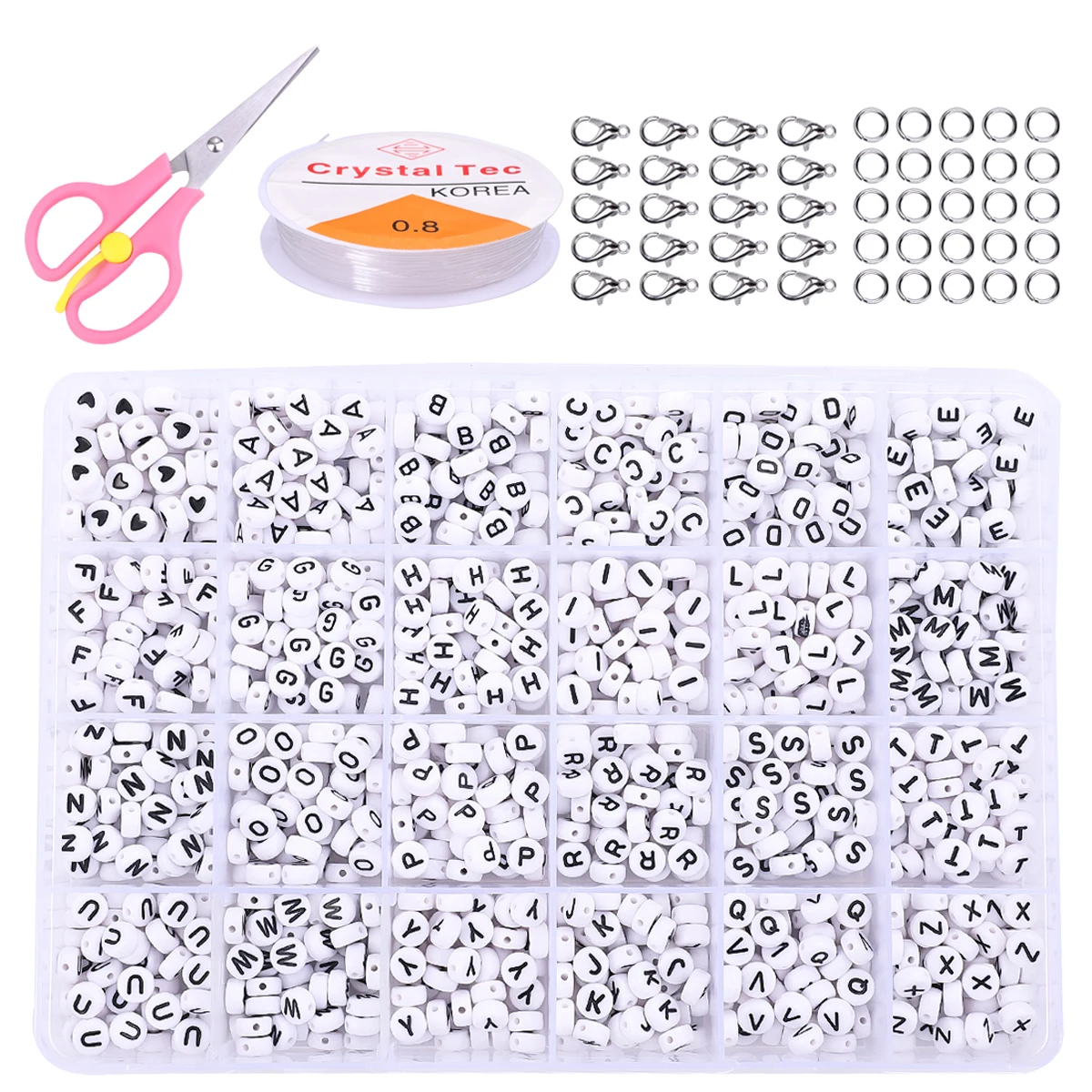 6x6mm Acrylic English Alphabet Letter Beads Kits, Stretch Cords for Name Bracelets, Jewelry Making, 1200Pcs per Box