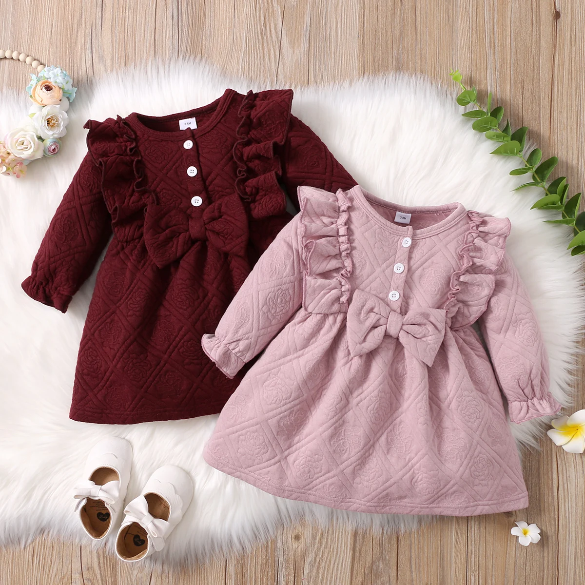 New Solid Color Baby Dress Girl For New Born 3 To 12 Months Long Sleeve