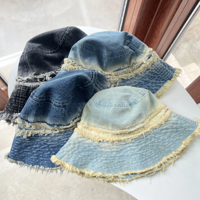 Vintage Denim Patchwork Bucket Hat Breathable Sun Hat with  display picture 1