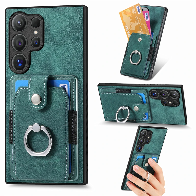 Luxury Leather Magnetic Wallet Case with Ring Stand and Card Slots