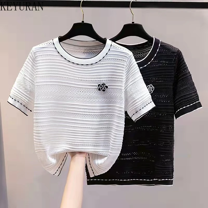 

Korean Beading Flower Knitted T Shirt Woman Summer Casual Floral Loose Short Sleeve Women Tees Tops White Black