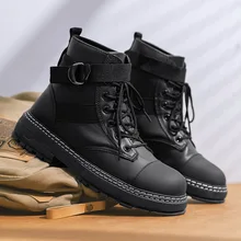  2023 New Autumn and Winter Plush Martin Boots for Men's Thick Soles, Casual High Top Men's Shoes, Work Boots,black Leather Boots 