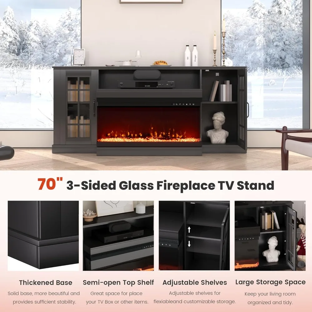 3-Sided Farmhouse Fireplace TV Stand for TVs Up To 80'', 70'' Large TVs Stands with 36'' Electric Fireplace, TV Stand 5