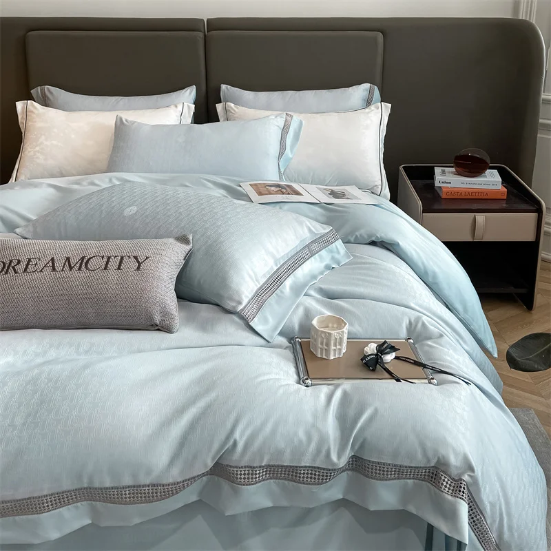 EGW Washed Cotton Jacquard Bedding Set Webbing Luxury Elegant Fashion  Letter Duvet Cover Flat Sheet Pillowcase King Home Linen