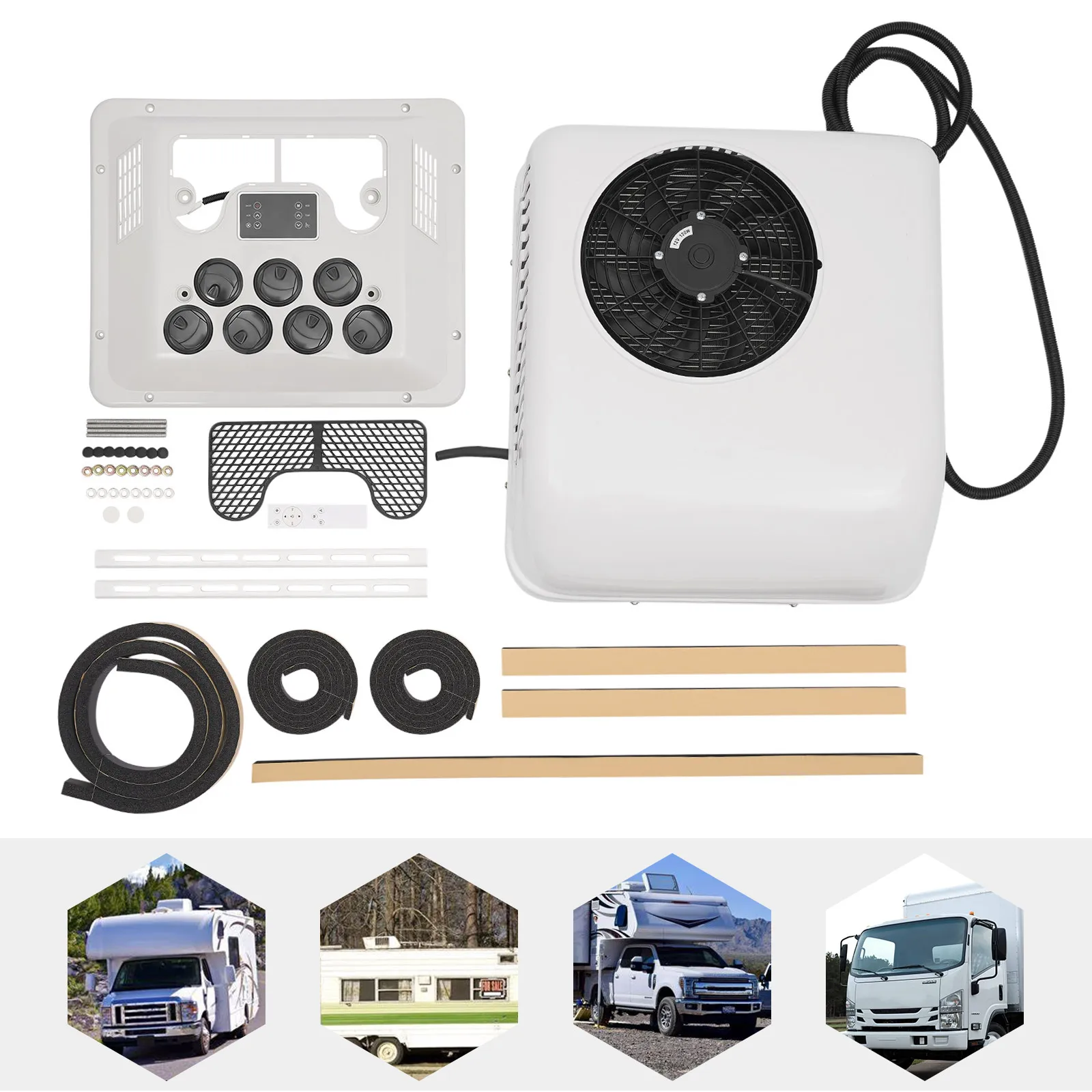 RV Heating and Cooling Integrated Top Air Conditioning 12V 750W White Air Conditioner Electric Rooftop AC Unit Fit Motorhome air conditioning fan refrigeration fan humidification single cooling fan remote control timing mobile small air conditioner